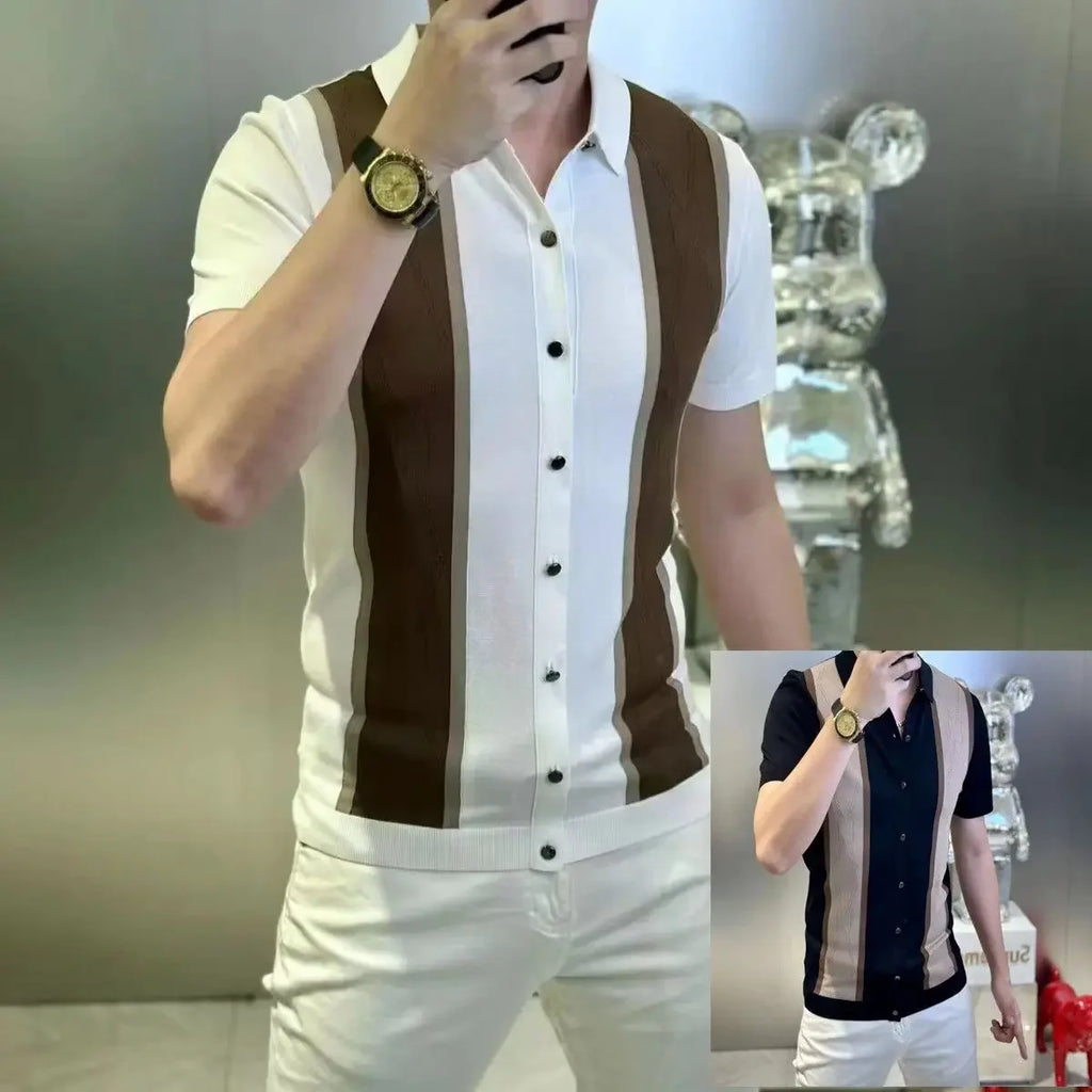 Men's Clothing Premium Short Sleeve Shirt Summer New Slim Fit Business Casual Color Block Fashion Versatile Top