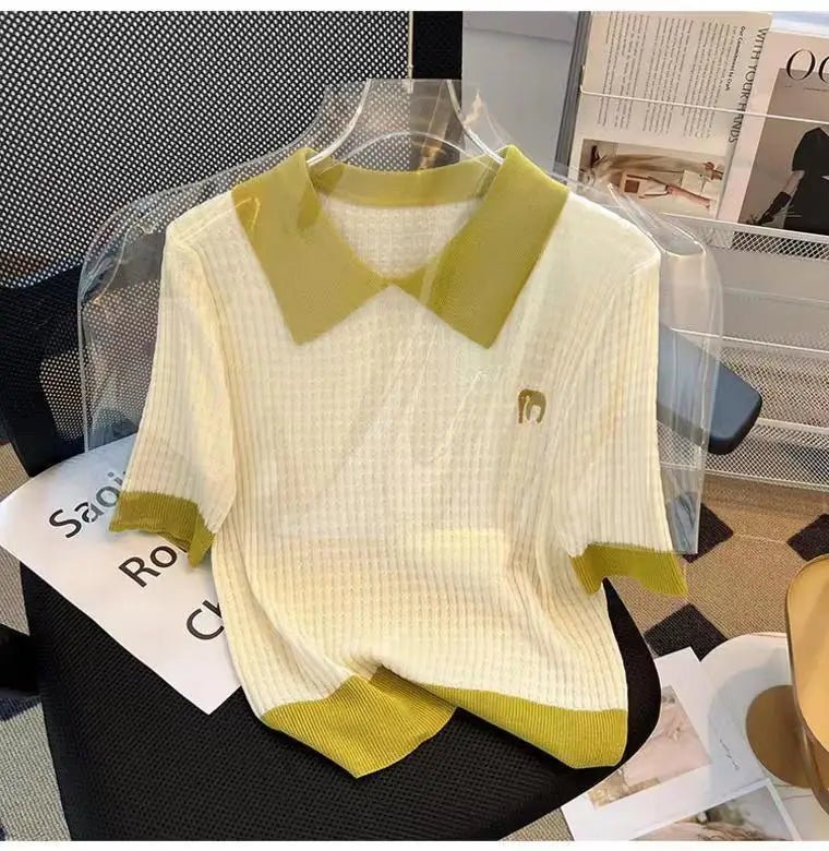 Women's Clothing Casual Loose T-shirt Summer Cool Silk Knit Short Sleeve Thin Tees Lady Versatile Turn-down Collar Pullover Tops