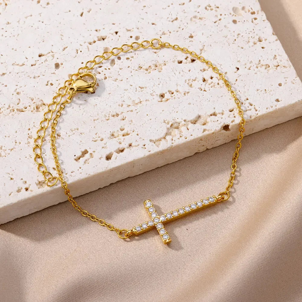 Zircon Crystal Cross Bracelet For Women Gold Plated Stainless Steel Bracelet Chain Vintage Jesus Religion Aesthetic Jewelry Gift