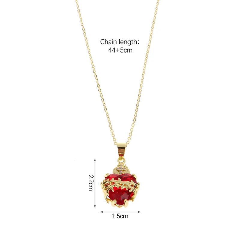 Trendy Sacred Necklace Of Jesus Red Zircon Heart Pendant Cross Choker For Women Jewelry Party Gifts
