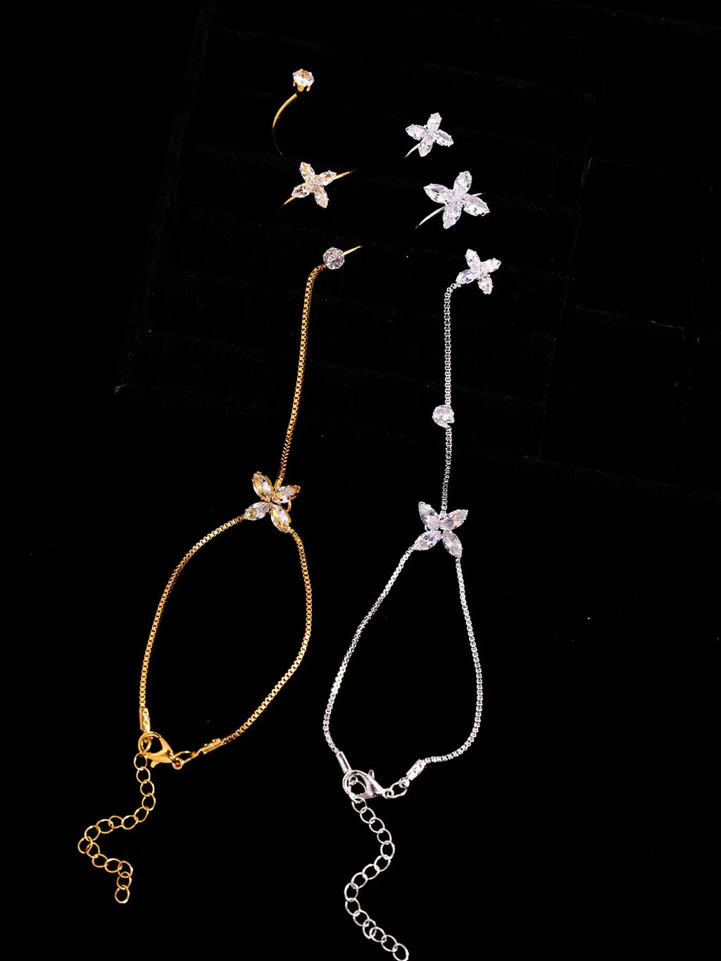 Luxurious Elegant Sparkling Synthetic Clear Zirconia Butterfly Flower Linked Bracelet   Trendy Floral Women's Jewelry NEW