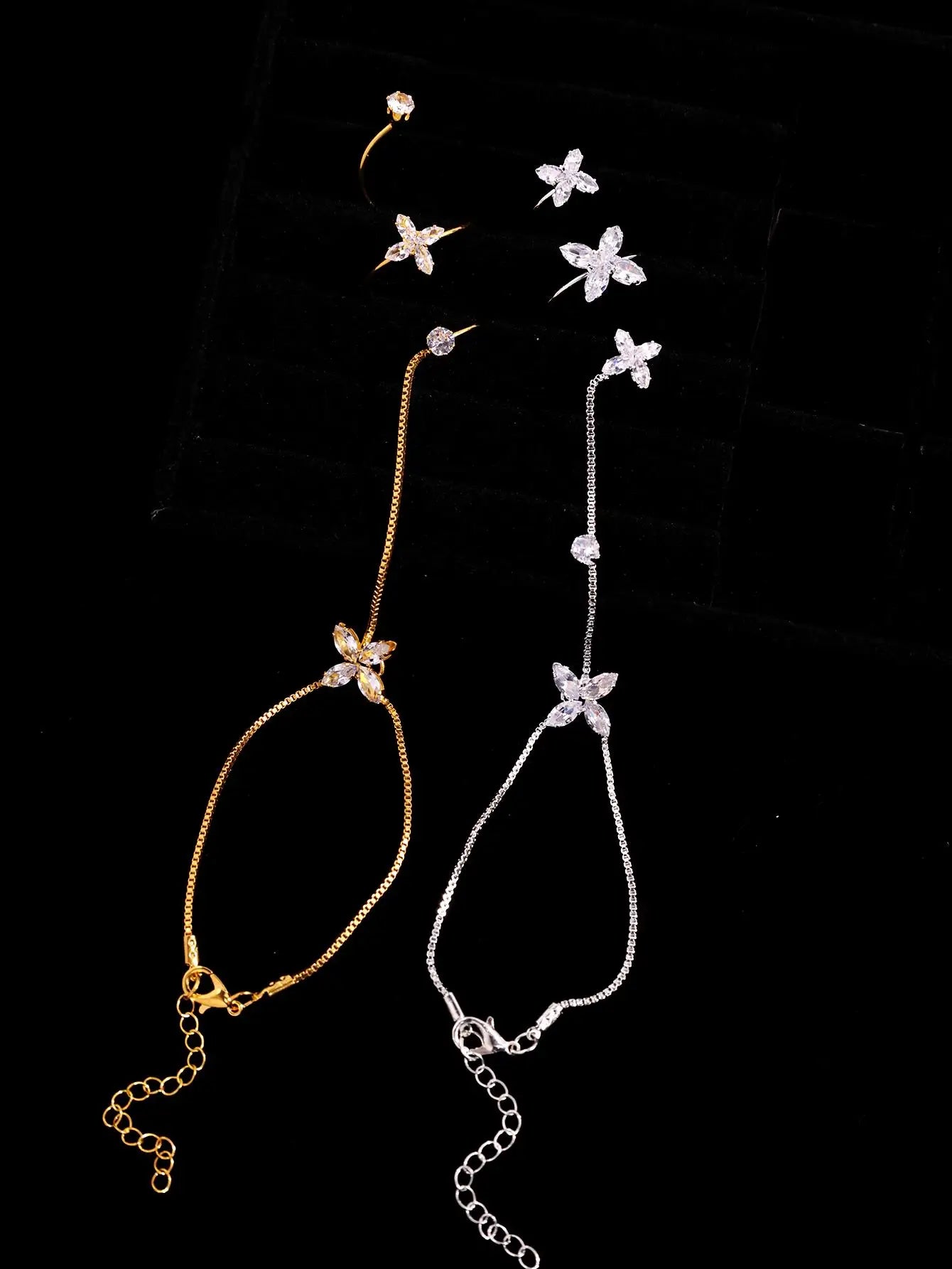 Luxurious Elegant Sparkling Synthetic Clear Zirconia Butterfly Flower Linked Bracelet   Trendy Floral Women's Jewelry NEW