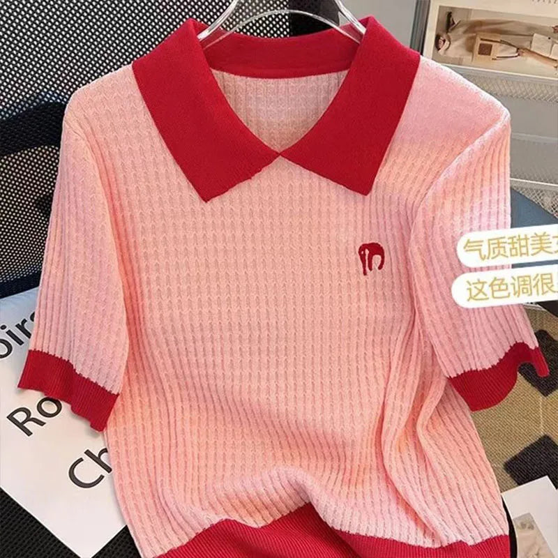 Women's Clothing Casual Loose T-shirt Summer Cool Silk Knit Short Sleeve Thin Tees Lady Versatile Turn-down Collar Pullover Tops