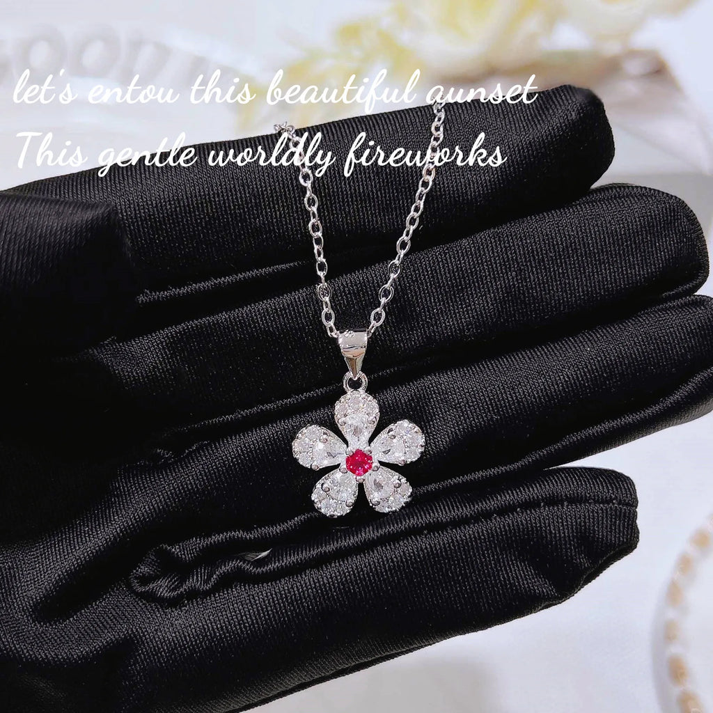 Trendy Elegant Cherry Blossom Jewelry Sets with Dazzling Zircon Ladies Temperament Flower 925 Silver Color Ring Earring Necklace