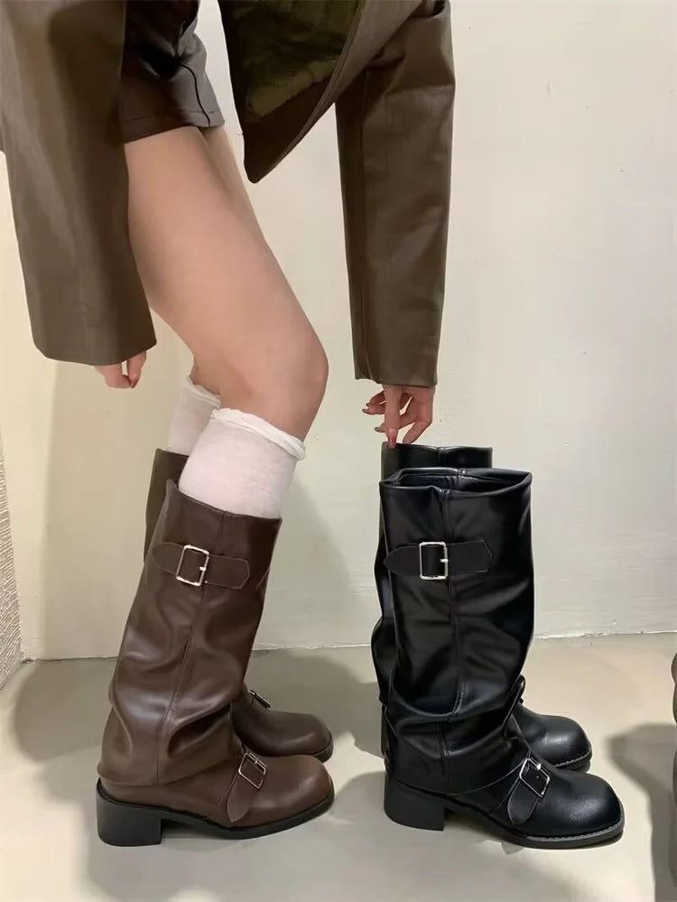2025Woman Boots Knee High Platform Chunky Heels Trend Punk Gothic New Rock Leather Fashion Women's Shoes Motorcycle Footwear