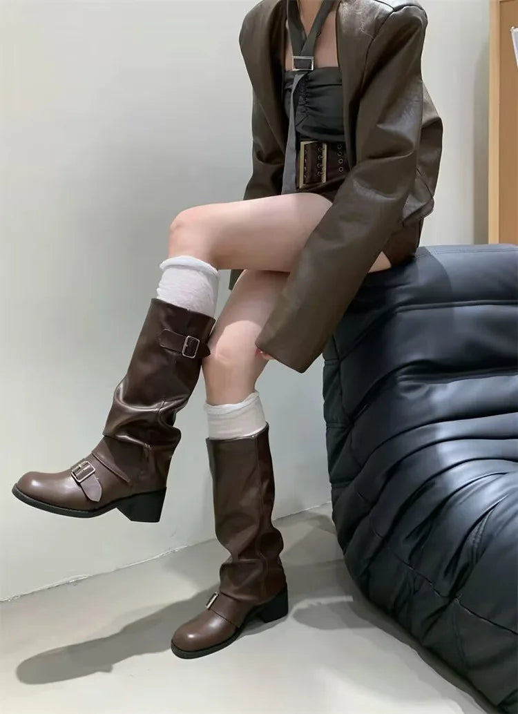 2025Woman Boots Knee High Platform Chunky Heels Trend Punk Gothic New Rock Leather Fashion Women's Shoes Motorcycle Footwear