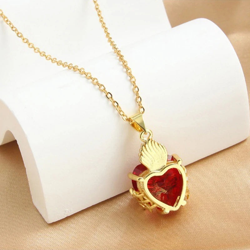 Trendy Sacred Necklace Of Jesus Red Zircon Heart Pendant Cross Choker For Women Jewelry Party Gifts
