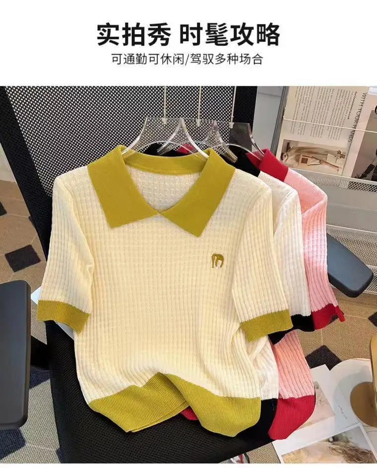 Women's Clothing Casual Loose T-shirt Summer Cool Silk Knit Short Sleeve Thin Tees Lady Versatile Turn-down Collar Pullover Tops