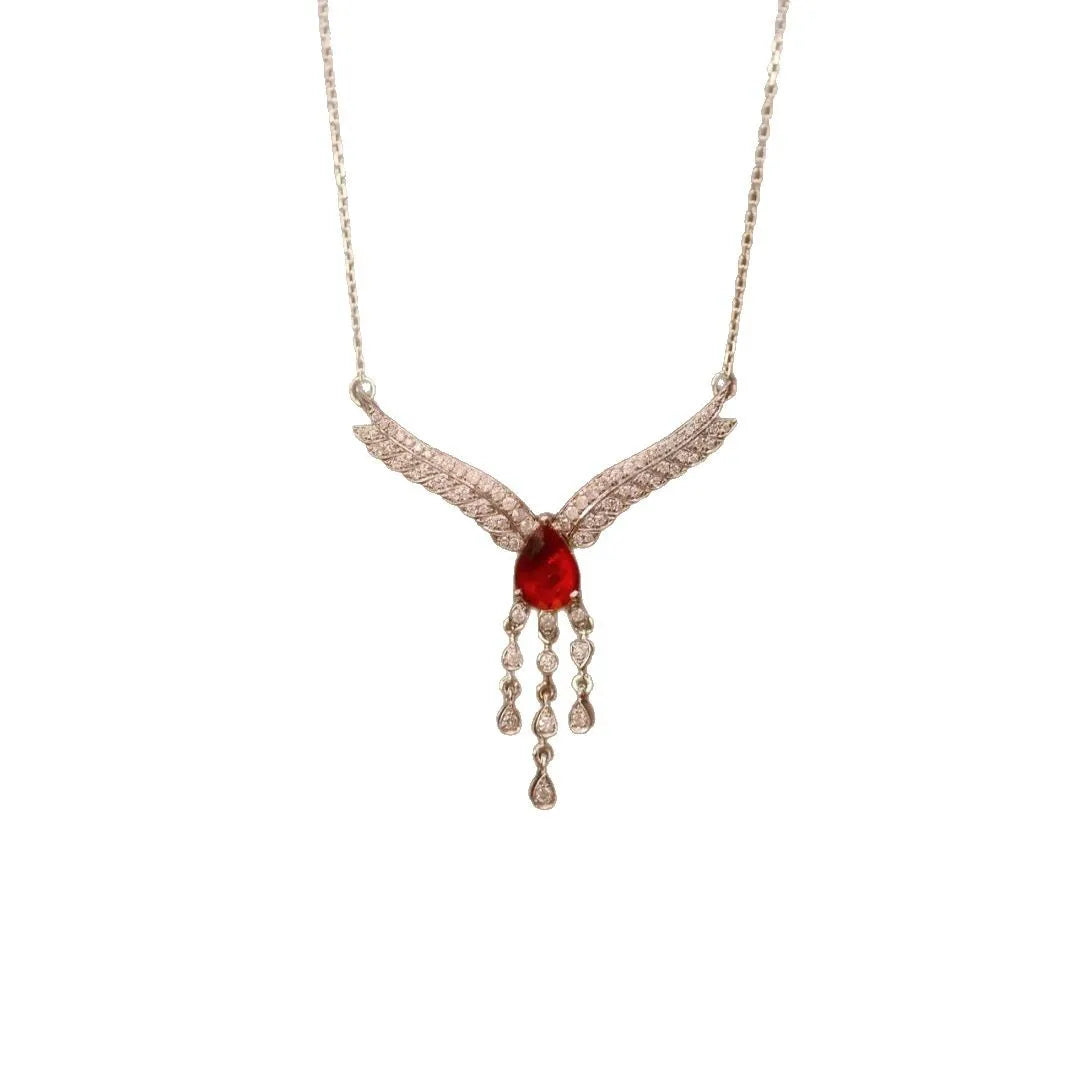 Luxurious and showy red gemstone necklace for women silver 925 inlaid diamonds wings collar chain exquisite wedding jewelry