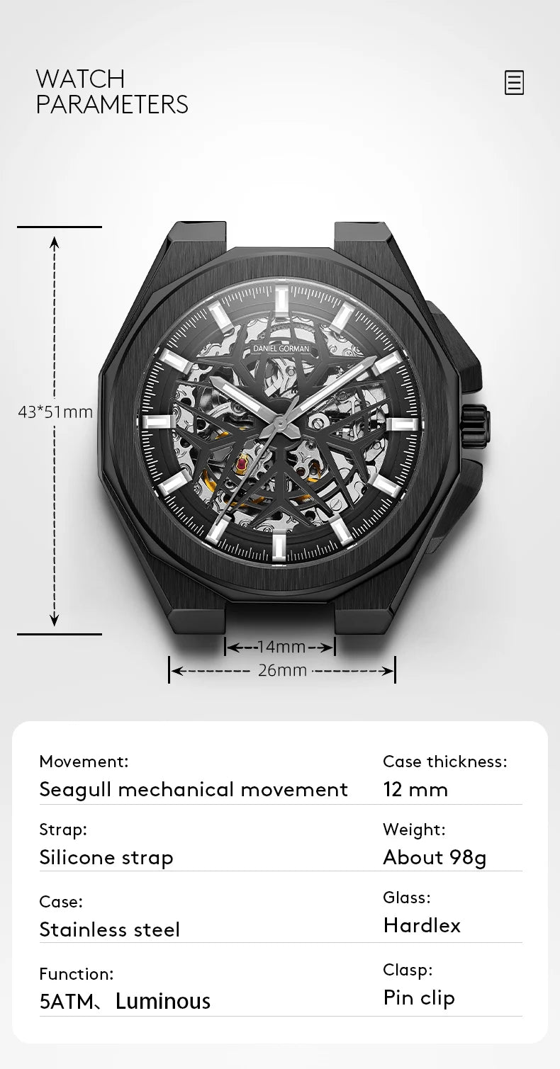 2026 Mens Mechanical Watches Top Brand Luxury Stainless Steel Waterproof Hollow Out Blue Big Male Wristwatches Relogio Masculino