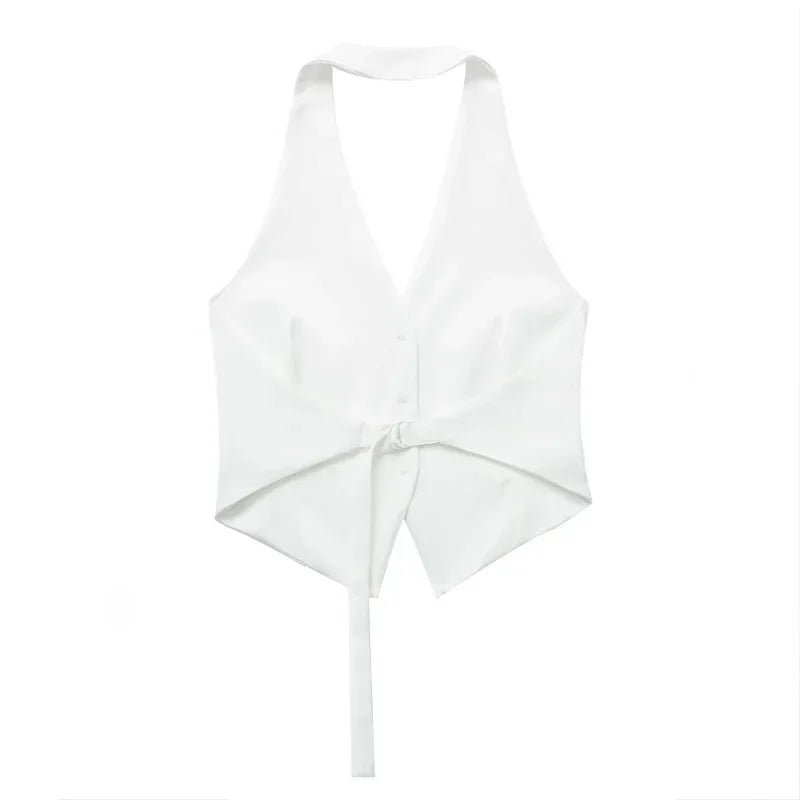 2025 Women's Fashion Off Shoulder Sleeveless Cropped Vest Backless Design V Neck Short Summer Waistcoat Daily Outfits