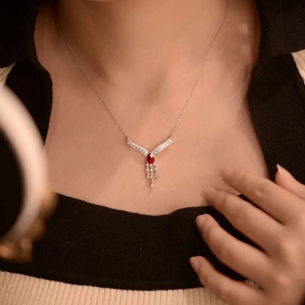Luxurious and showy red gemstone necklace for women silver 925 inlaid diamonds wings collar chain exquisite wedding jewelry