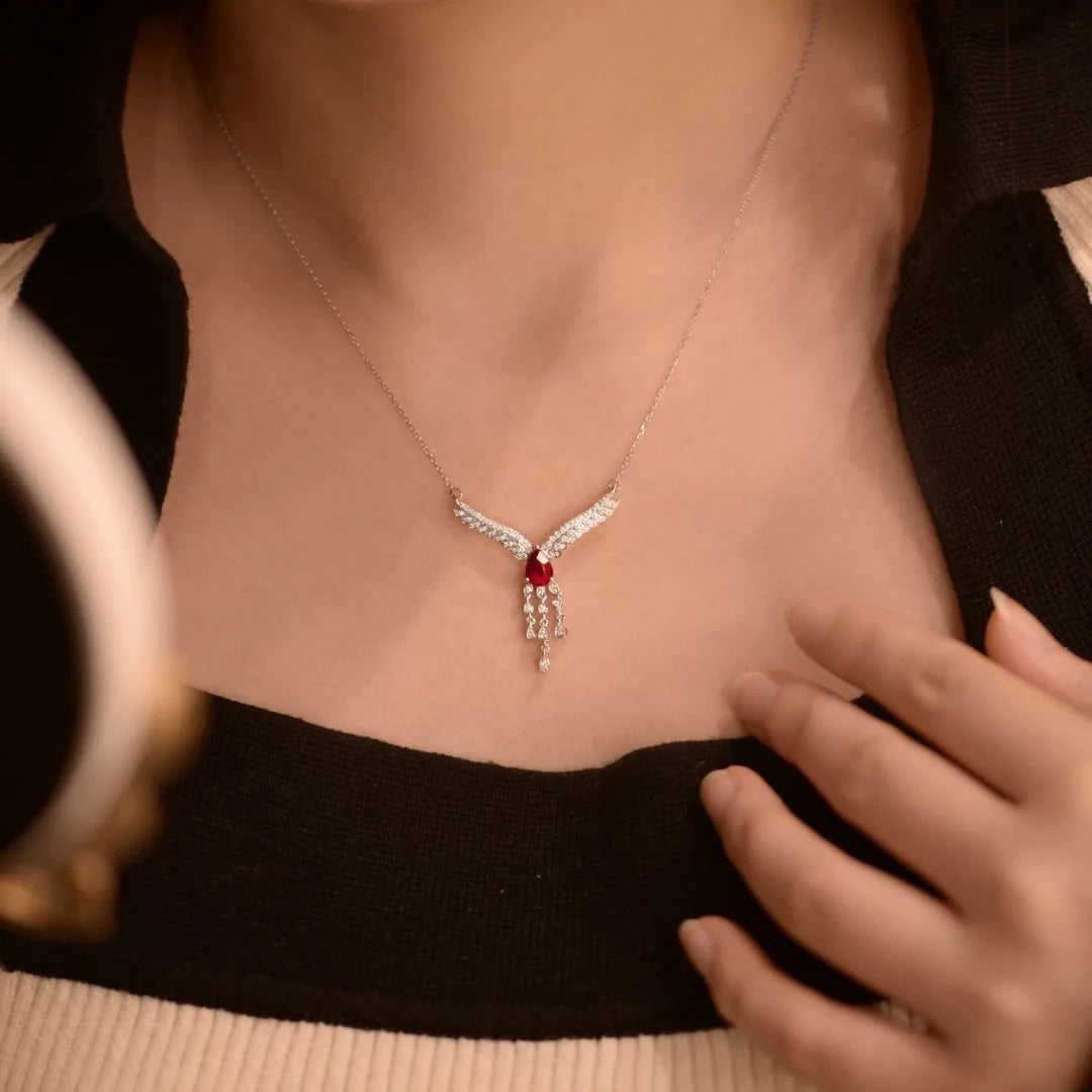 Luxurious and showy red gemstone necklace for women silver 925 inlaid diamonds wings collar chain exquisite wedding jewelry