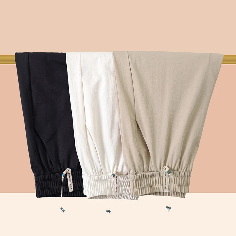 Women's Cotton Linen Harem Pants Summer Loose Thin Elastic Waist Casual bloomers Pants High Waist Nine Points