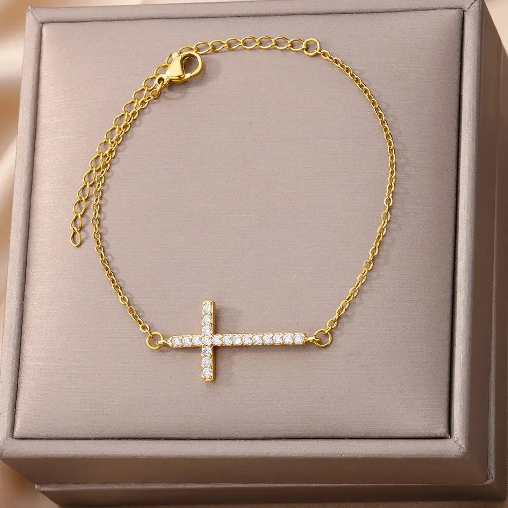 Zircon Crystal Cross Bracelet For Women Gold Plated Stainless Steel Bracelet Chain Vintage Jesus Religion Aesthetic Jewelry Gift