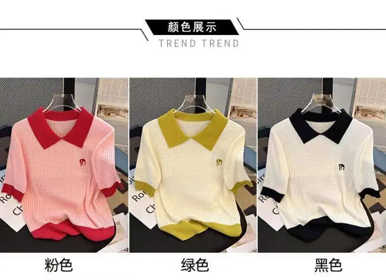 Women's Clothing Casual Loose T-shirt Summer Cool Silk Knit Short Sleeve Thin Tees Lady Versatile Turn-down Collar Pullover Tops