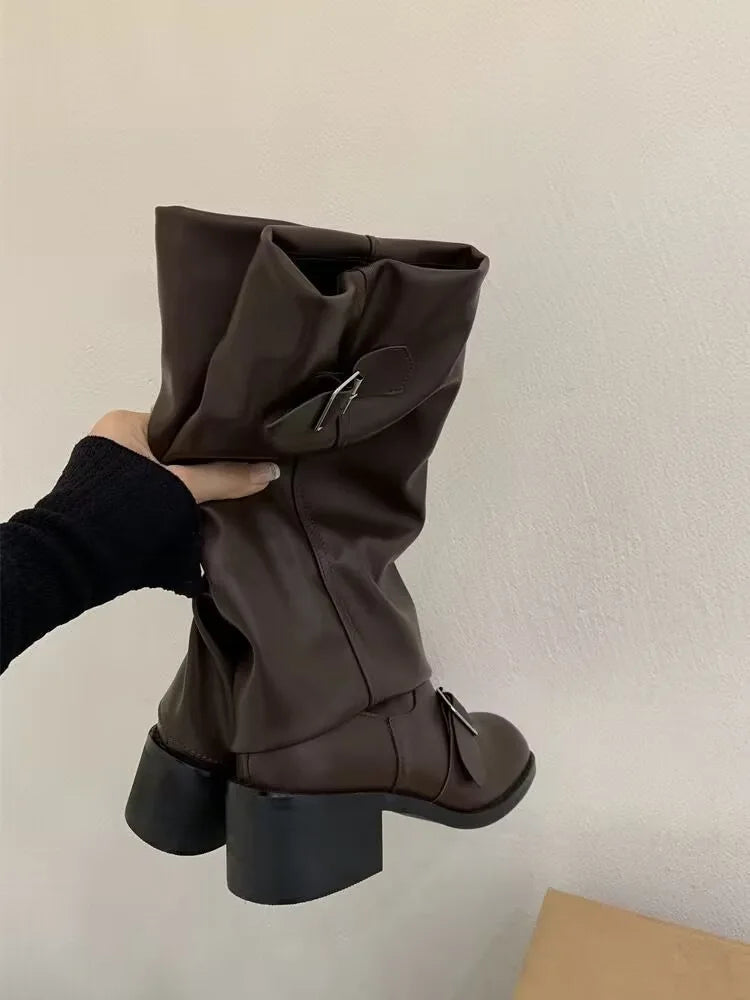 2025Woman Boots Knee High Platform Chunky Heels Trend Punk Gothic New Rock Leather Fashion Women's Shoes Motorcycle Footwear
