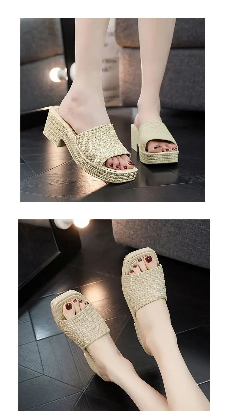 35-40 Women Slippers Wedges Sandals Summer Shoes Female Beach Flip Flops Thick-soled Square Toe Mules Clogs Platform Footwear Y2