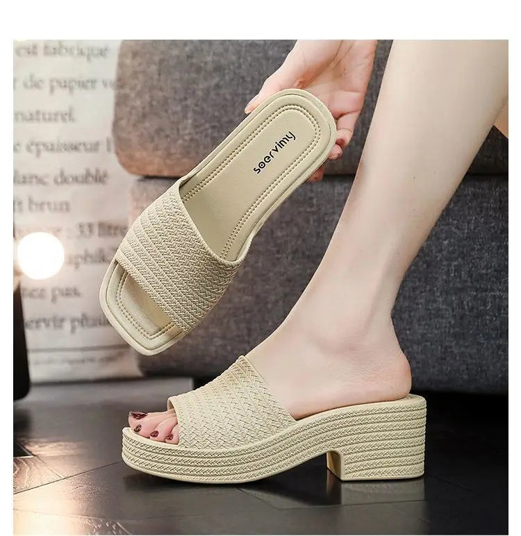 35-40 Women Slippers Wedges Sandals Summer Shoes Female Beach Flip Flops Thick-soled Square Toe Mules Clogs Platform Footwear Y2