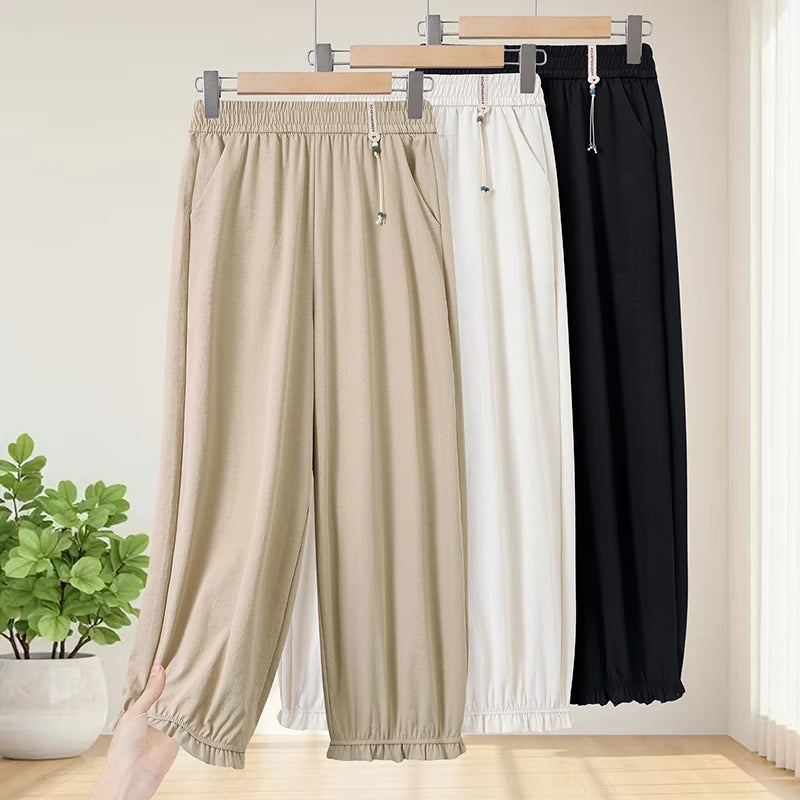 Women's Cotton Linen Harem Pants Summer Loose Thin Elastic Waist Casual bloomers Pants High Waist Nine Points