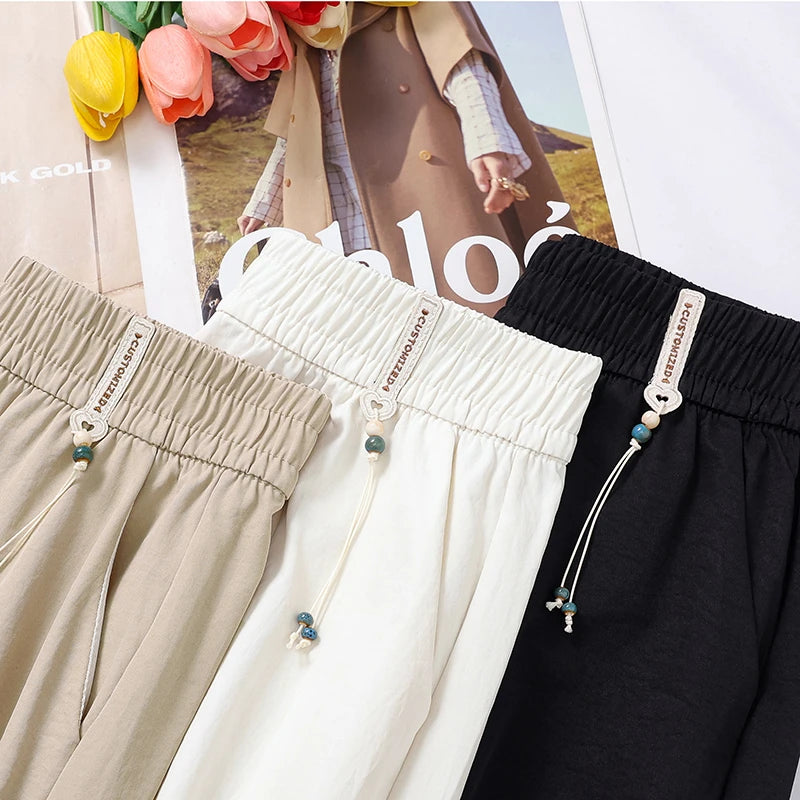 Women's Cotton Linen Harem Pants Summer Loose Thin Elastic Waist Casual bloomers Pants High Waist Nine Points