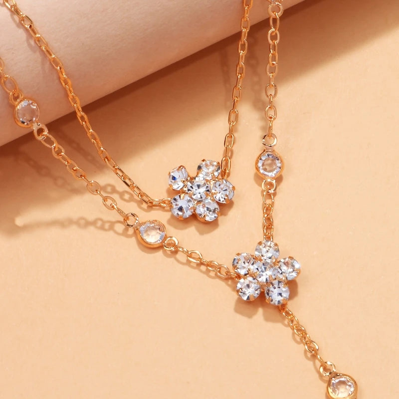 Exquisite Sparkling Zircon Flower Chain Double Layered Bracelet Ring Integrated, Women's Holiday Banquet Accessories Gift