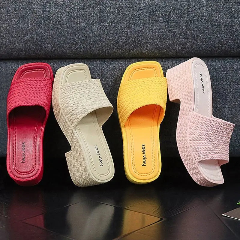 35-40 Women Slippers Wedges Sandals Summer Shoes Female Beach Flip Flops Thick-soled Square Toe Mules Clogs Platform Footwear Y2