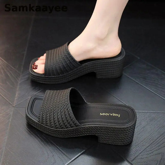 35-40 Women Slippers Wedges Sandals Summer Shoes Female Beach Flip Flops Thick-soled Square Toe Mules Clogs Platform Footwear Y2