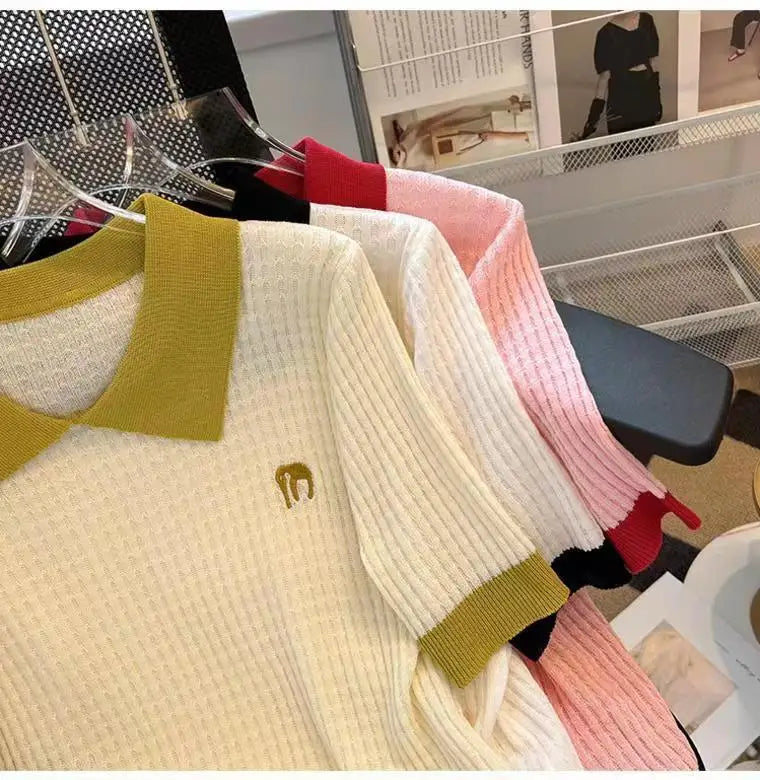 Women's Clothing Casual Loose T-shirt Summer Cool Silk Knit Short Sleeve Thin Tees Lady Versatile Turn-down Collar Pullover Tops