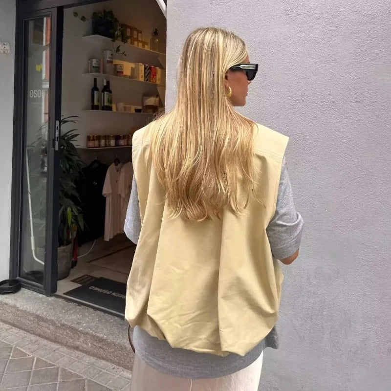 Women's Cropped Waistcoat Fashion Zipper Vest Women Sleeveless Loose Coats Female Chic Pleat Tops жилетка женская укороченная