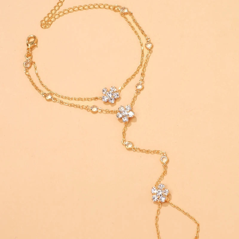 Exquisite Sparkling Zircon Flower Chain Double Layered Bracelet Ring Integrated, Women's Holiday Banquet Accessories Gift