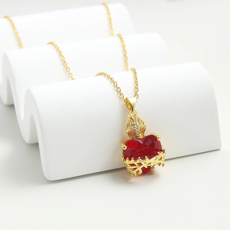 Trendy Sacred Necklace Of Jesus Red Zircon Heart Pendant Cross Choker For Women Jewelry Party Gifts