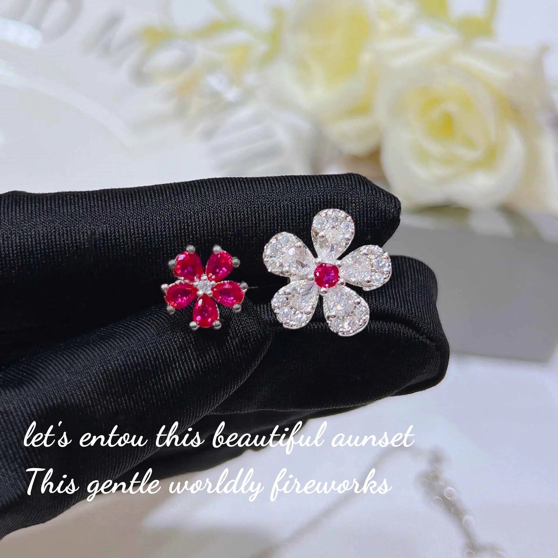 Trendy Elegant Cherry Blossom Jewelry Sets with Dazzling Zircon Ladies Temperament Flower 925 Silver Color Ring Earring Necklace