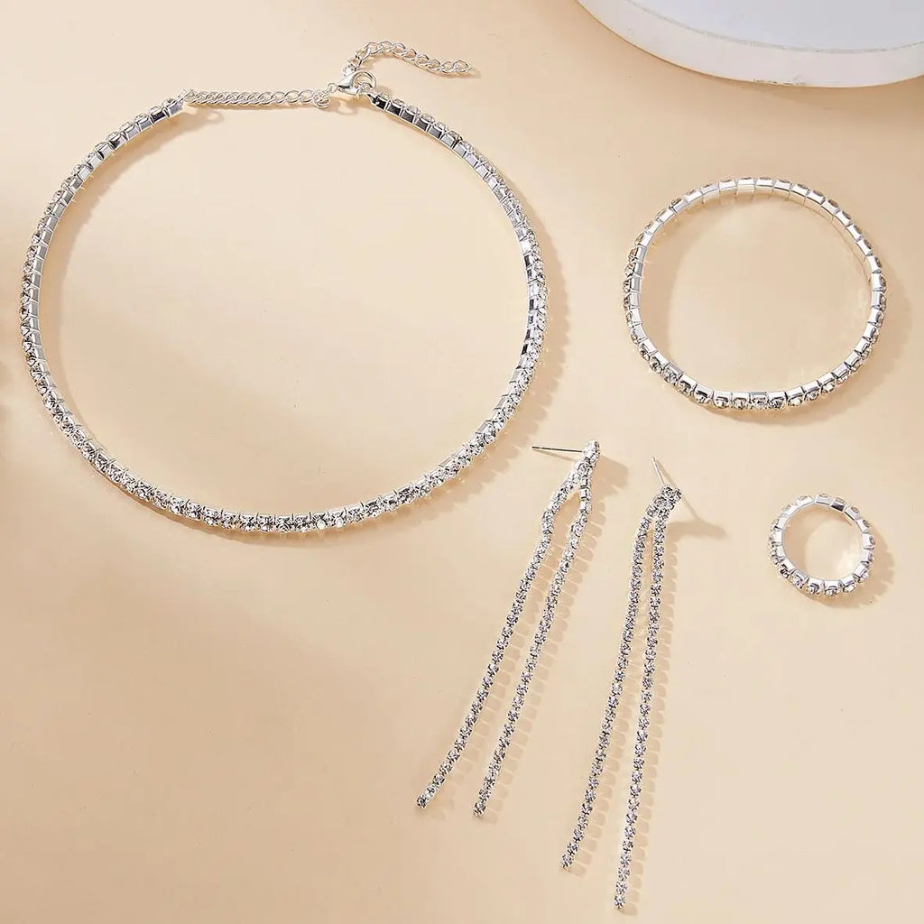 Exquisite Zircon Tennis Bracelet Choker Necklace for Women Full Rhinestone Dangle Earrings and Ring Wedding Party Jewelry Set