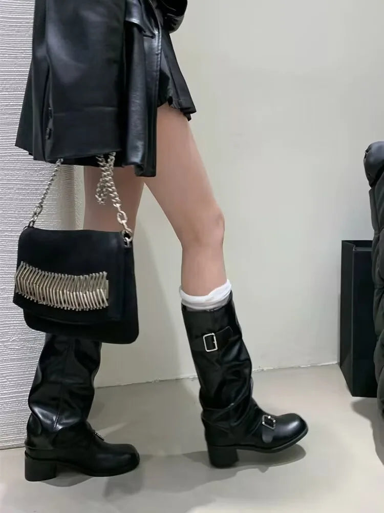 2025Woman Boots Knee High Platform Chunky Heels Trend Punk Gothic New Rock Leather Fashion Women's Shoes Motorcycle Footwear