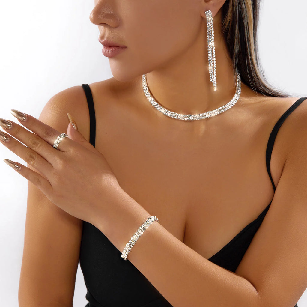 Exquisite Zircon Tennis Bracelet Choker Necklace for Women Full Rhinestone Dangle Earrings and Ring Wedding Party Jewelry Set