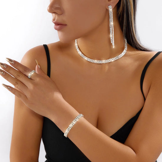 Exquisite Zircon Tennis Bracelet Choker Necklace for Women Full Rhinestone Dangle Earrings and Ring Wedding Party Jewelry Set