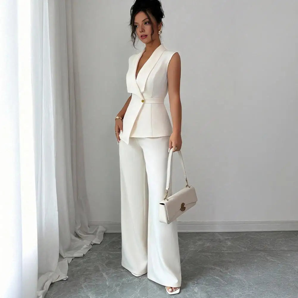 Women's Business 2 Piece Outfits Casual Sleeveless Blazer Vest Wide Leg Pants Suit Set Dressy Office Work Set