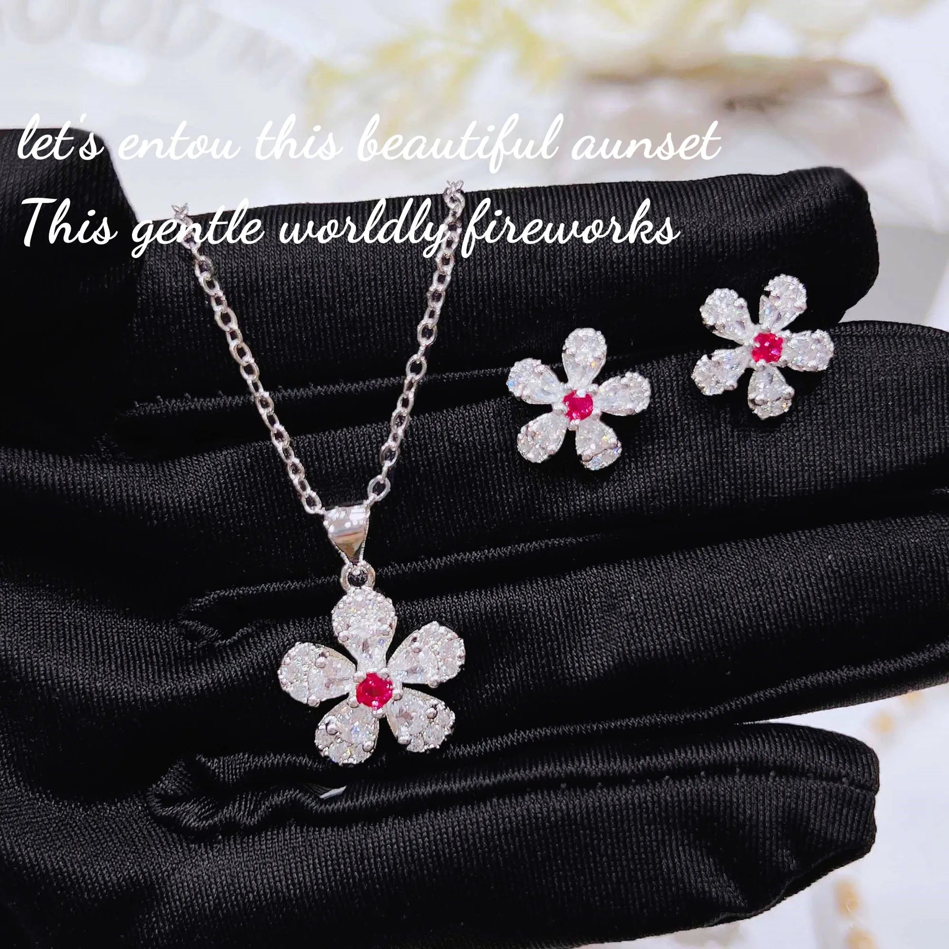 Trendy Elegant Cherry Blossom Jewelry Sets with Dazzling Zircon Ladies Temperament Flower 925 Silver Color Ring Earring Necklace