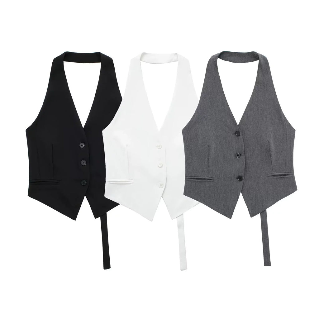 2025 Women's Fashion Off Shoulder Sleeveless Cropped Vest Backless Design V Neck Short Summer Waistcoat Daily Outfits