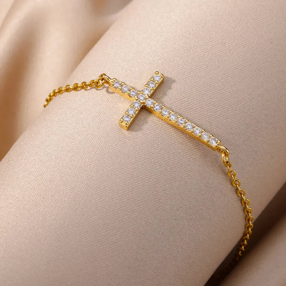 Zircon Crystal Cross Bracelet For Women Gold Plated Stainless Steel Bracelet Chain Vintage Jesus Religion Aesthetic Jewelry Gift