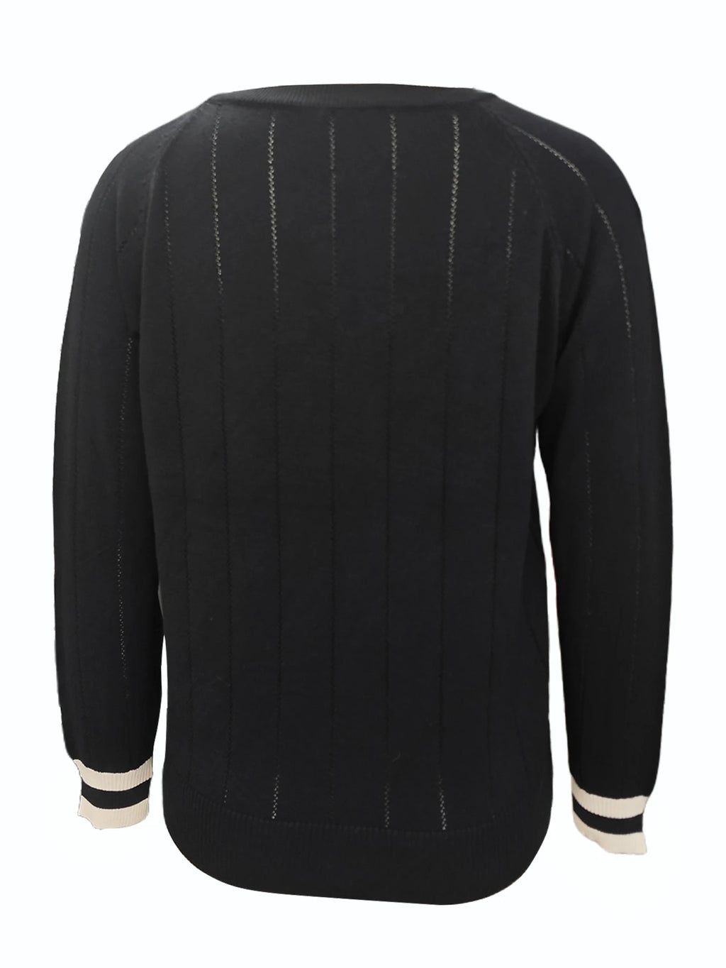 Woman Clothes Black V Neck Sweater Contrast Color Trim on Collar Cuffs Ideal for Casual Outings Office Days Trendy Layering