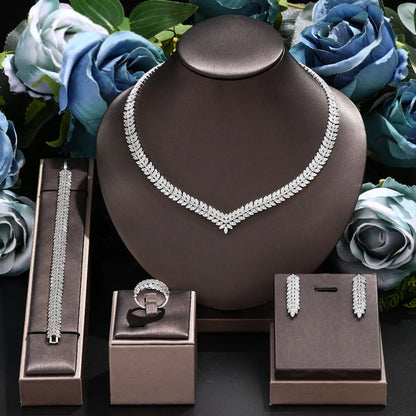 Zirconia Bridal Jewelry Set For Women Dubai Saudi Wedding Necklace Earring  Bracelet Ring Set Prom Evening Dress Party Jewelry