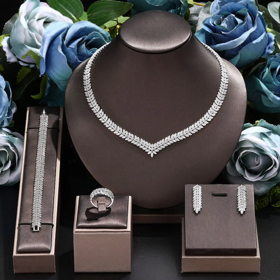 Zirconia Bridal Jewelry Set For Women Dubai Saudi Wedding Necklace Earring  Bracelet Ring Set Prom Evening Dress Party Jewelry