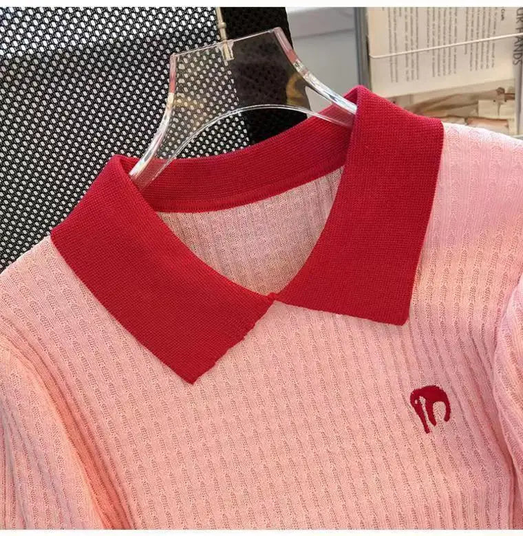 Women's Clothing Casual Loose T-shirt Summer Cool Silk Knit Short Sleeve Thin Tees Lady Versatile Turn-down Collar Pullover Tops